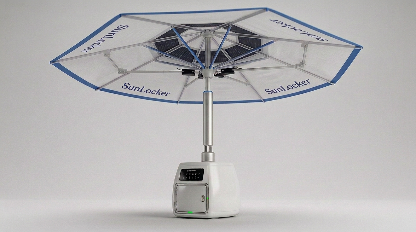 Low-angle view of the SunLocker canopy showing arms, actuators and solar panels