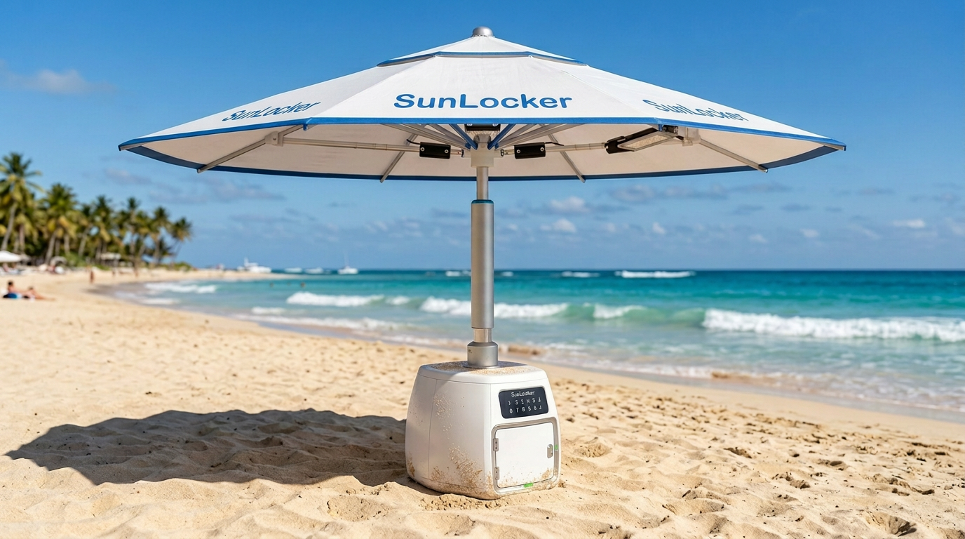 SunLocker smart beach umbrella deployed on golden sand with turquoise sea behind it at midday
