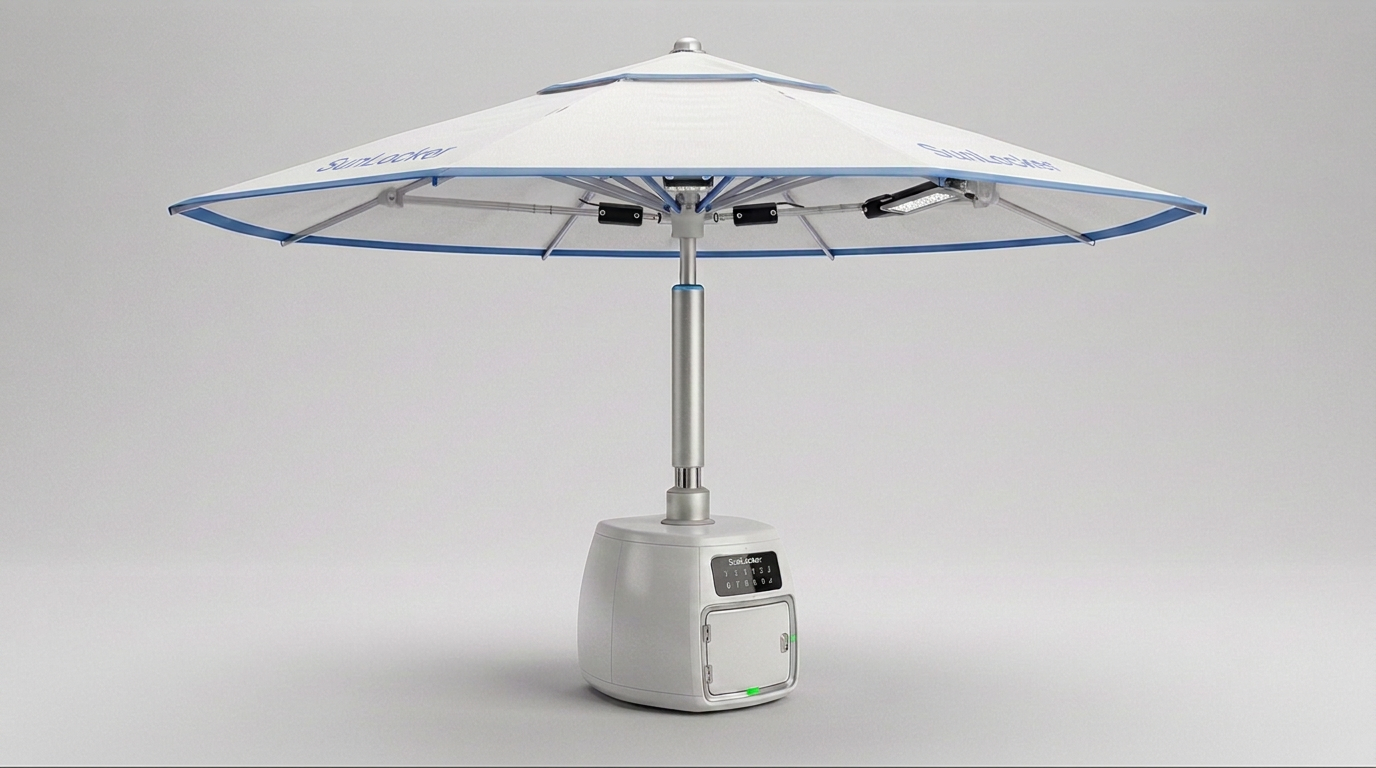 SunLocker smart beach umbrella, three-quarter studio view with integrated safe and keypad in the base